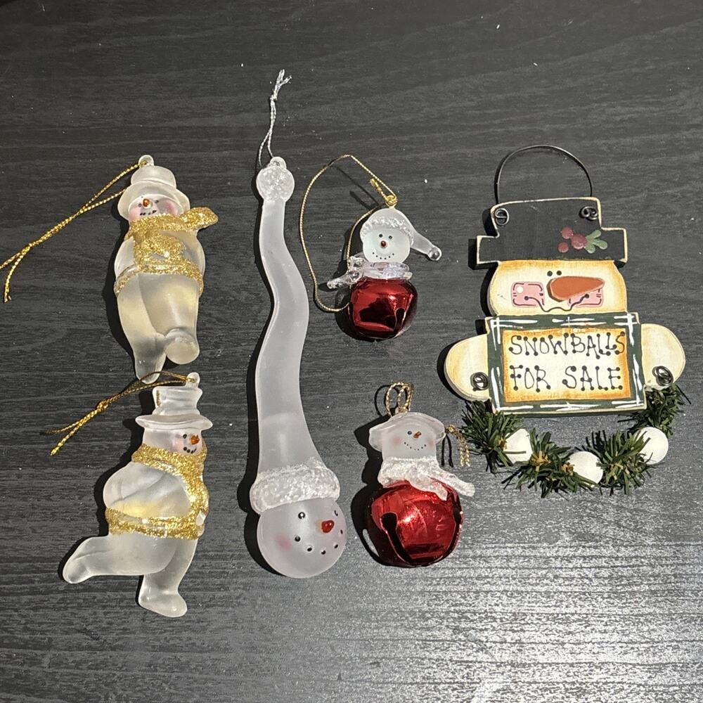 Lot of 6 Small Hanging Christmas Ornaments Snowmen Jingle Bells Frosted Glitter